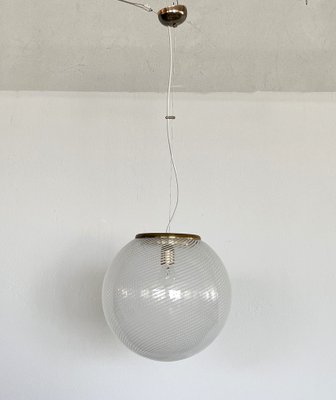 Italian Murano Glass & Brass Globe Ceiling Light with White Stripe Design from Venini, 1970s-VNE-1733017