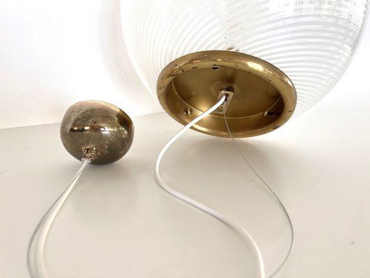 Italian Murano Glass & Brass Globe Ceiling Light with White Stripe Design from Venini, 1970s-VNE-1733017