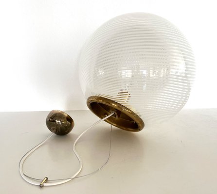 Italian Murano Glass & Brass Globe Ceiling Light with White Stripe Design from Venini, 1970s-VNE-1733017