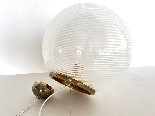 Italian Murano Glass & Brass Globe Ceiling Light with White Stripe Design from Venini, 1970s-VNE-1733017