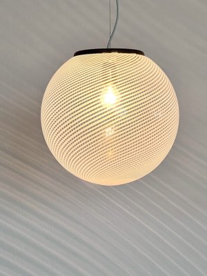 Italian Murano Glass & Brass Globe Ceiling Light with White Stripe Design from Venini, 1970s-VNE-1733017