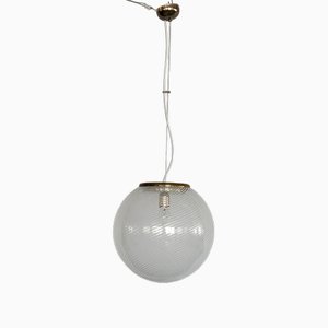 Italian Murano Glass & Brass Globe Ceiling Light with White Stripe Design from Venini, 1970s-VNE-1733017