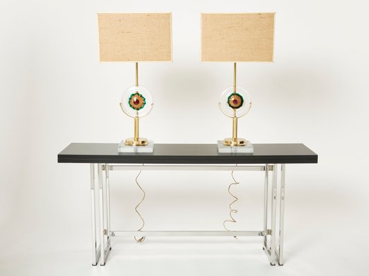 Italian Murano Glass Brass Rattan Table Lamps, 1970s, Set of 2-YJA-1101024