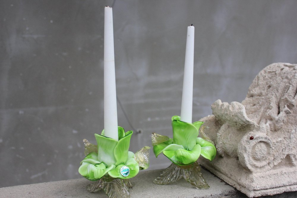 Italian Murano Green Glass and Gold Flake in Flower Shape Candleholders, 1960s, Set of 2