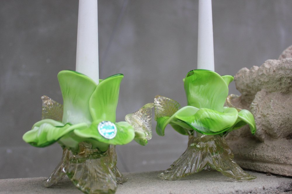 Italian Murano Green Glass and Gold Flake in Flower Shape Candleholders, 1960s, Set of 2