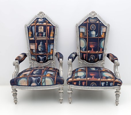 Italian Neoclassical Armchairs with Fornasetti Linen Fabric, 1950s, Set of 2-FER-1823028