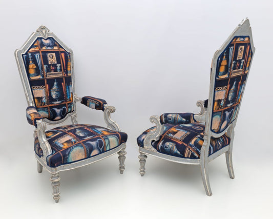 Italian Neoclassical Armchairs with Fornasetti Linen Fabric, 1950s, Set of 2