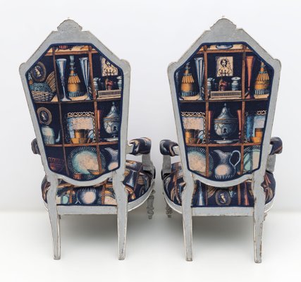 Italian Neoclassical Armchairs with Fornasetti Linen Fabric, 1950s, Set of 2-FER-1823028