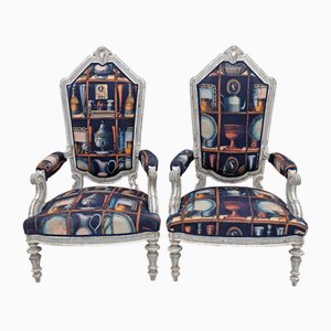 Italian Neoclassical Armchairs with Fornasetti Linen Fabric, 1950s, Set of 2-FER-1823028