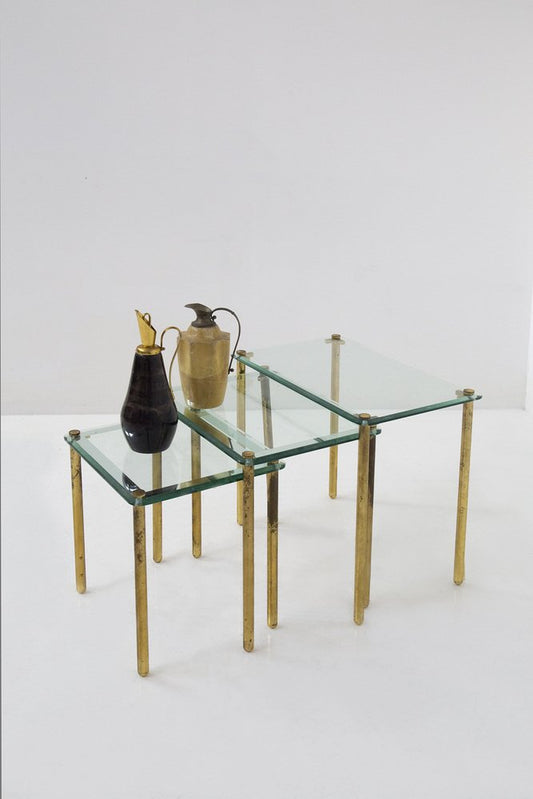 Italian Nesting Coffee Tables in Thick Glass and Brass, 1965, Set of 3