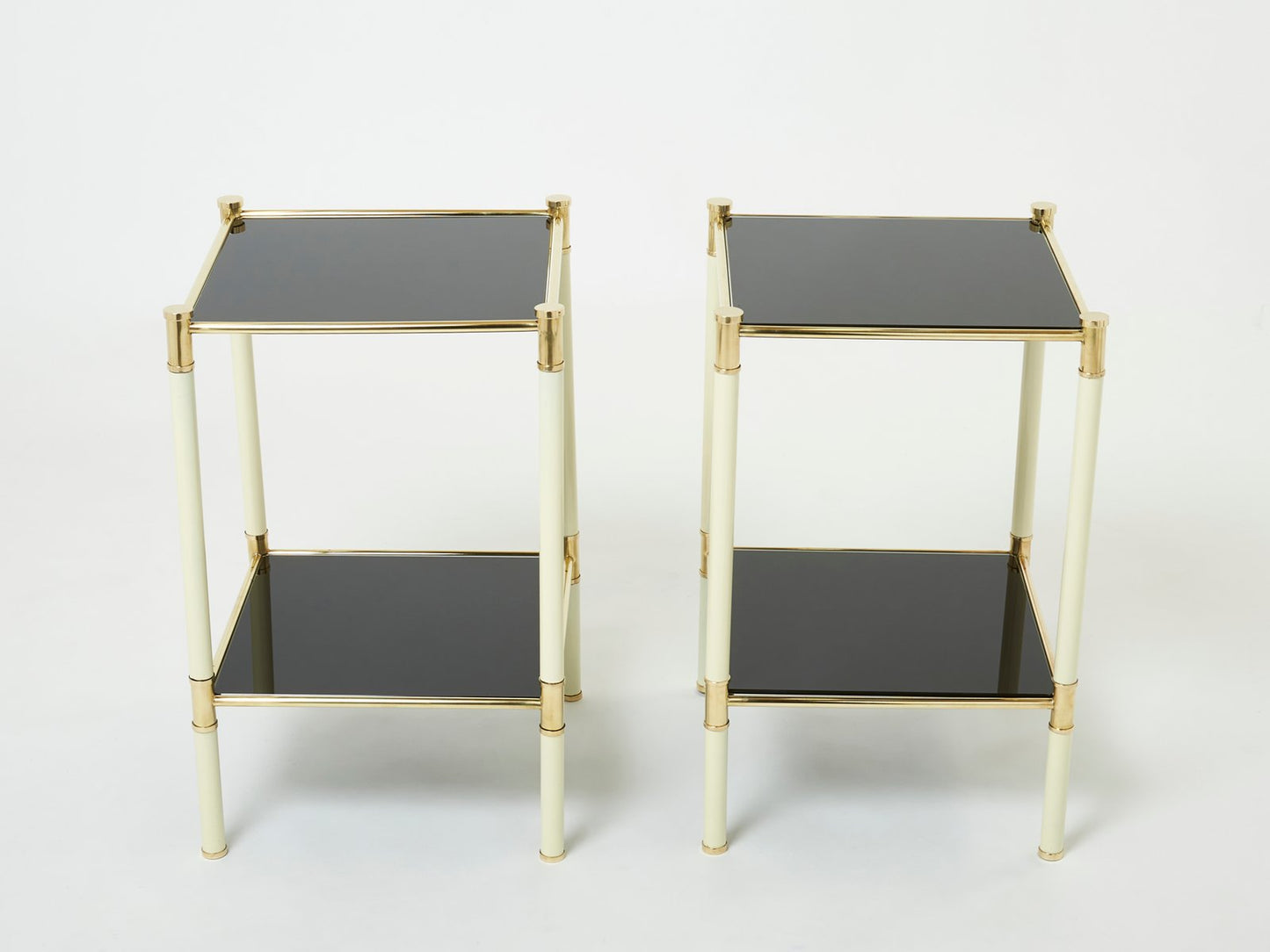 Italian Off-White & Black 2-Tier Nightstands in Brass by Tommaso Barbi, 1970s, Set of 2