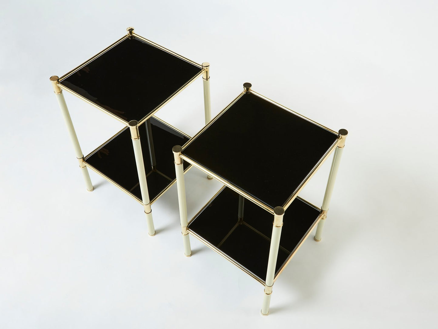 Italian Off-White & Black 2-Tier Nightstands in Brass by Tommaso Barbi, 1970s, Set of 2