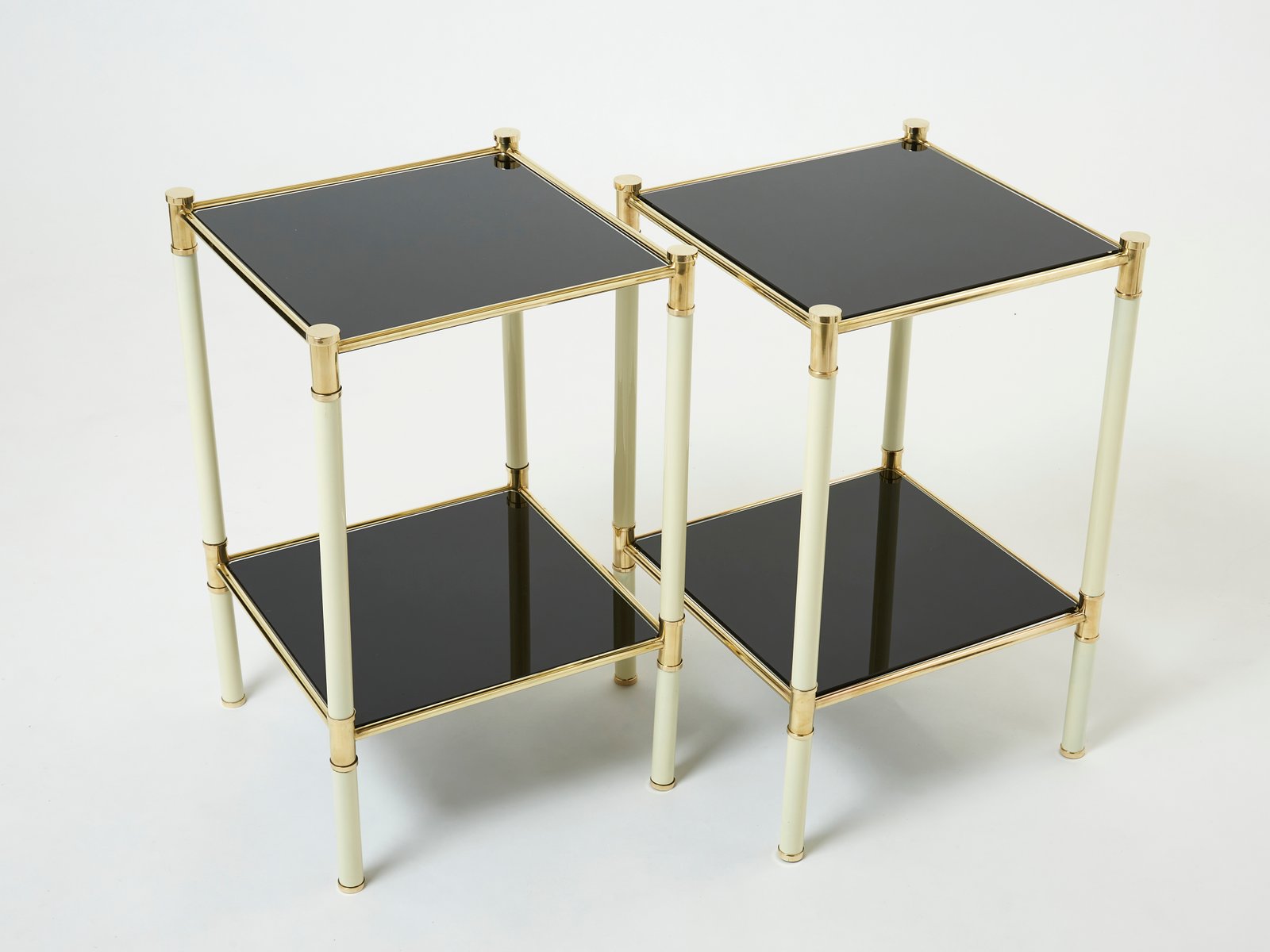 Italian Off-White & Black 2-Tier Nightstands in Brass by Tommaso Barbi, 1970s, Set of 2