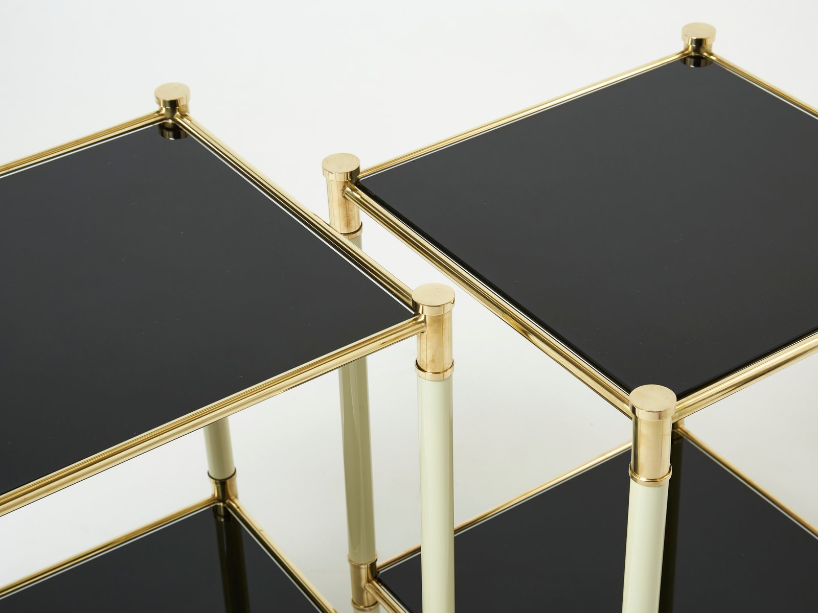 Italian Off-White & Black 2-Tier Nightstands in Brass by Tommaso Barbi, 1970s, Set of 2