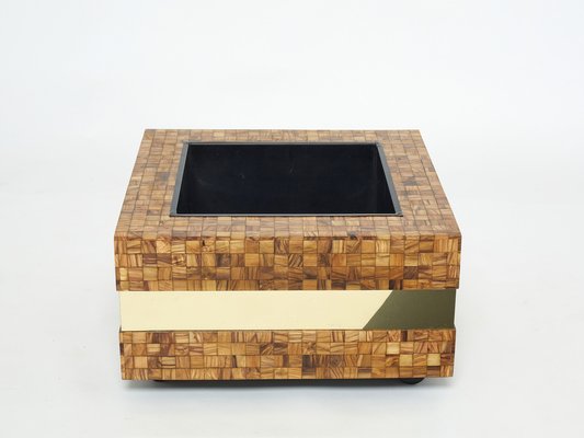 Italian Olive Wood Marquetry Brass Bar Table Planter by Sandro Petti , 1970s-YJA-1109519