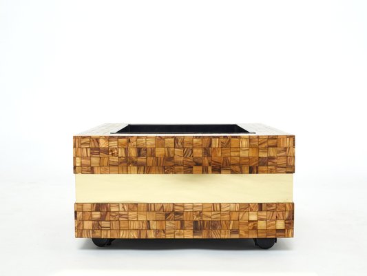 Italian Olive Wood Marquetry Brass Bar Table Planter by Sandro Petti , 1970s-YJA-1109519