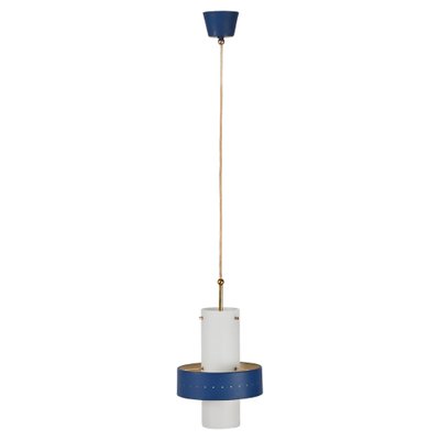 Italian Opal Glass, Brass and Blue Metal Pendant Lamp from Stilnovo, 1950s-JDR-1817228