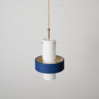 Italian Opal Glass, Brass and Blue Metal Pendant Lamp from Stilnovo, 1950s-JDR-1817228