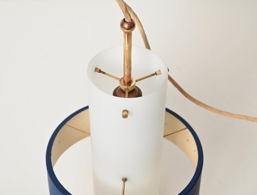 Italian Opal Glass, Brass and Blue Metal Pendant Lamp from Stilnovo, 1950s-JDR-1817228