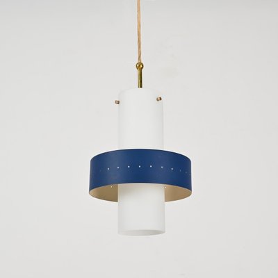 Italian Opal Glass, Brass and Blue Metal Pendant Lamp from Stilnovo, 1950s-JDR-1817228