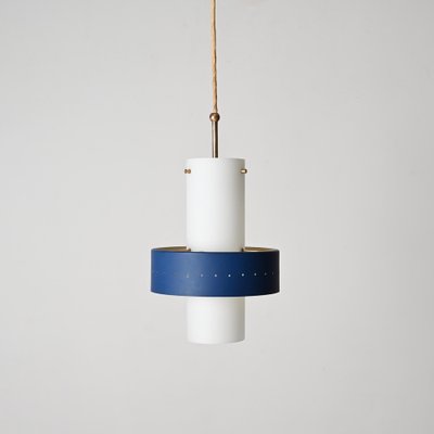 Italian Opal Glass, Brass and Blue Metal Pendant Lamp from Stilnovo, 1950s-JDR-1817228