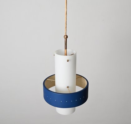 Italian Opal Glass, Brass and Blue Metal Pendant Lamp from Stilnovo, 1950s-JDR-1817228