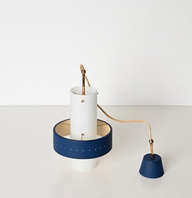 Italian Opal Glass, Brass and Blue Metal Pendant Lamp from Stilnovo, 1950s-JDR-1817228