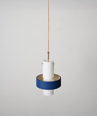 Italian Opal Glass, Brass and Blue Metal Pendant Lamp from Stilnovo, 1950s-JDR-1817228