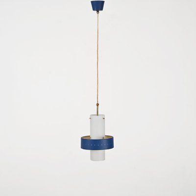 Italian Opal Glass, Brass and Blue Metal Pendant Lamp from Stilnovo, 1950s-JDR-1817228