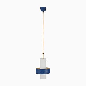 Italian Opal Glass, Brass and Blue Metal Pendant Lamp from Stilnovo, 1950s-JDR-1817228