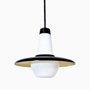 Italian Opaline Glass and Black Lacquer Pendant Lamp, 1960s-JQO-731486