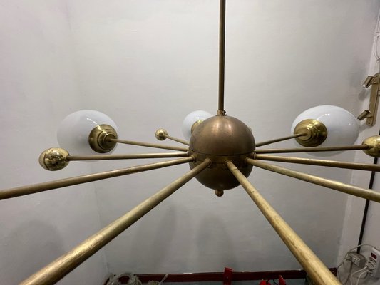 Italian Opaline Glass and Brass Sputnik Chandelier, 1960s-JJC-1768572