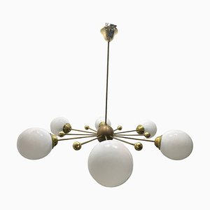 Italian Opaline Glass and Brass Sputnik Chandelier, 1960s-JJC-1768572