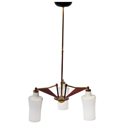 Italian Opaline Glass, Brass and Teak Chandelier Attributed to Stilnovo, 1960s-JDR-1125523