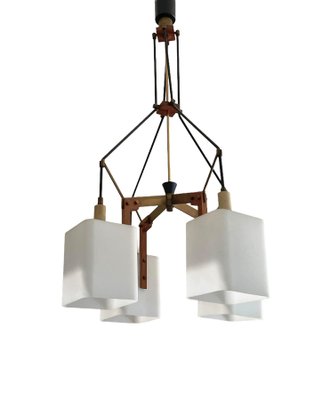 Italian Opaline Glass, Brass and Teak Chandelier Attributed to Stilnovo, 1960s-JDR-1125520