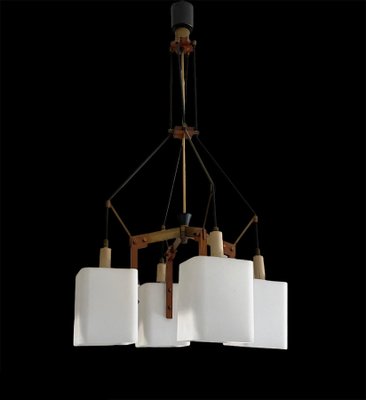 Italian Opaline Glass, Brass and Teak Chandelier Attributed to Stilnovo, 1960s-JDR-1125520