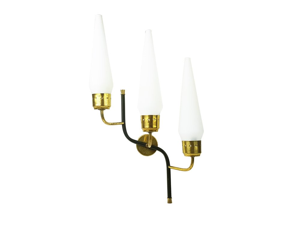 Italian Opaline Glass with Black Metal & Brass 3-Light Wall Lamp, 1950s