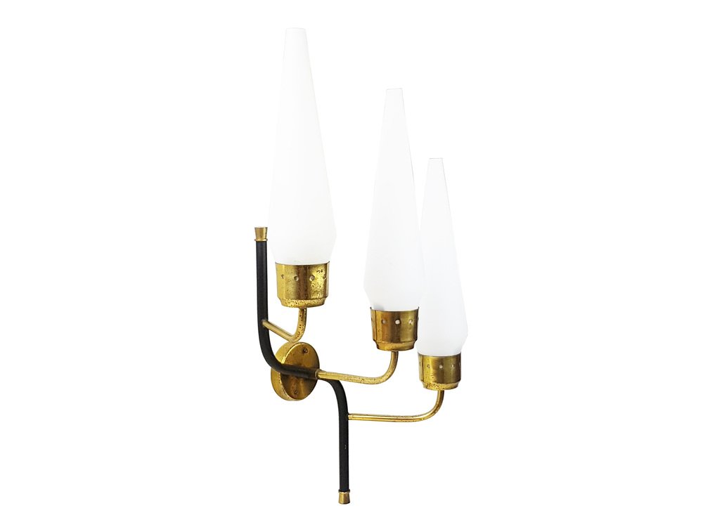 Italian Opaline Glass with Black Metal & Brass 3-Light Wall Lamp, 1950s