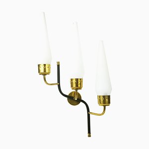 Italian Opaline Glass with Black Metal & Brass 3-Light Wall Lamp, 1950s-RD-1767677