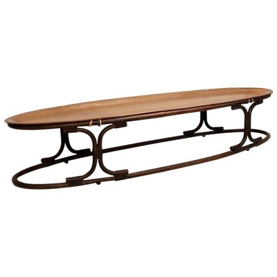 Italian Oval Teak, Bamboo, and Leather Rope Coffee Table with Plywood Top-FGA-923279