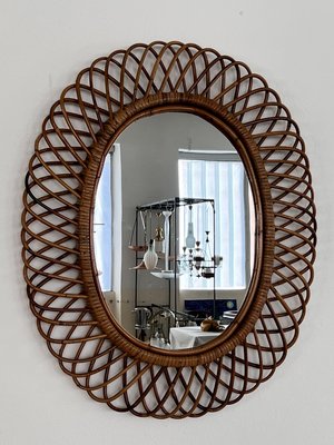 Italian Oval Wall Mirror with Bamboo Frame in the style of Franco Albini, 1970s-VNE-1758678