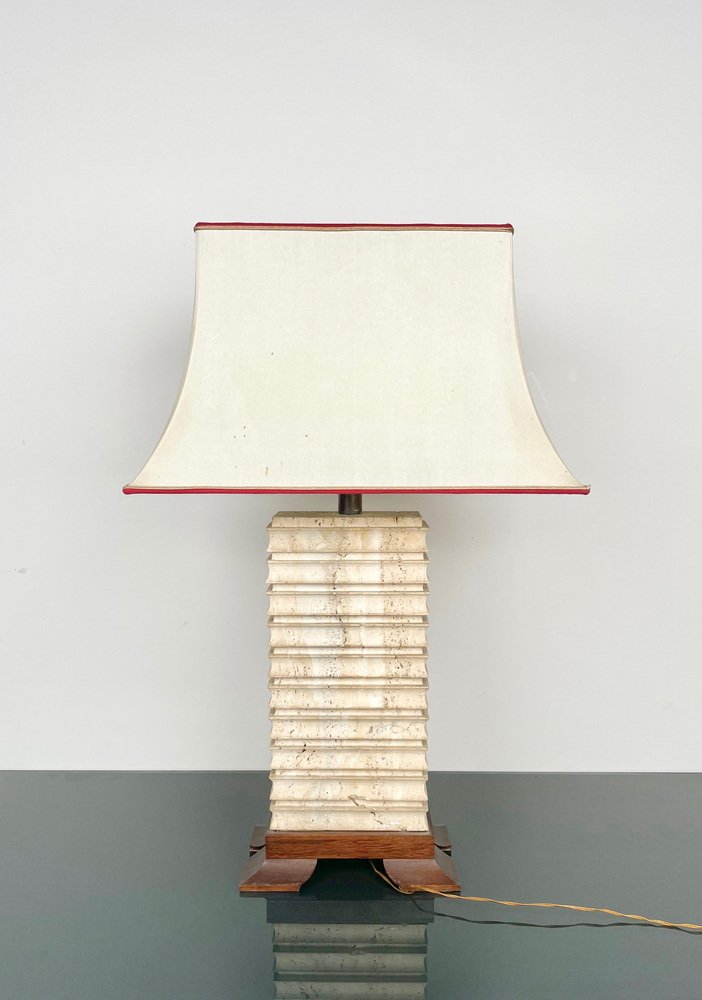 Italian Pagoda Table Lamp in Travertine, Wood and Brass, 1970s-LYQ-1343309