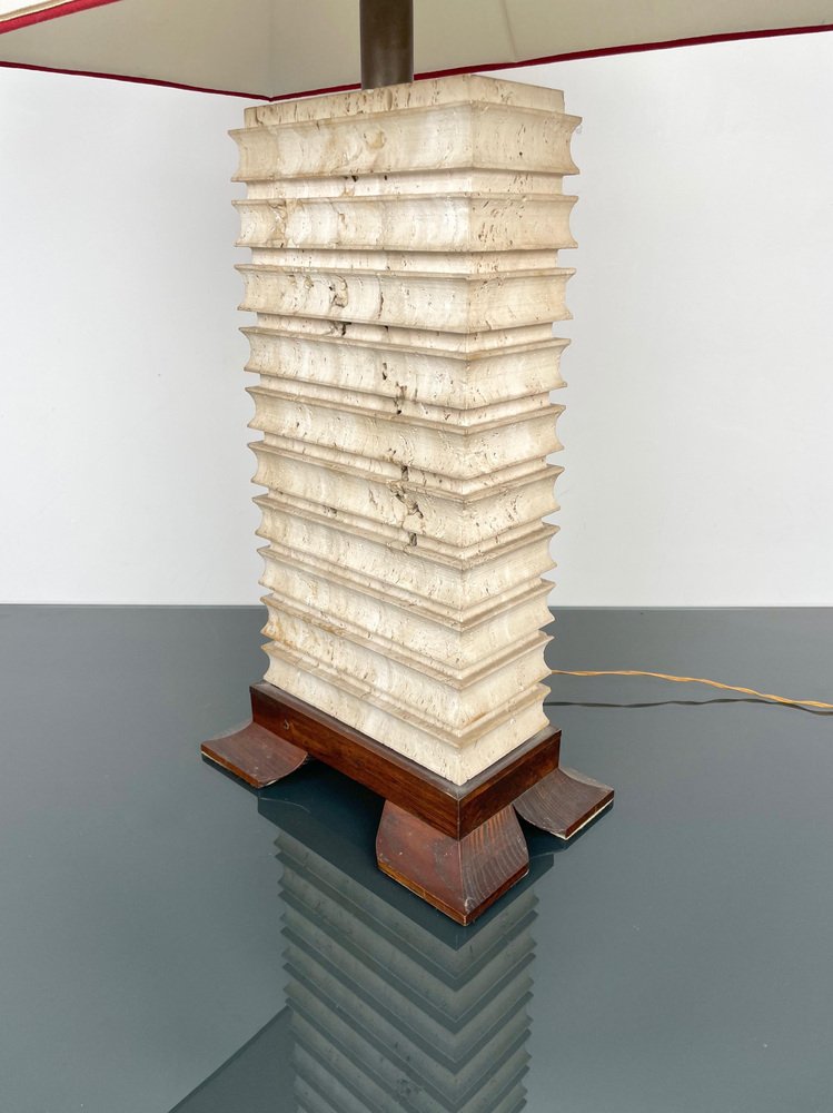 Italian Pagoda Table Lamp in Travertine, Wood and Brass, 1970s-LYQ-1343309