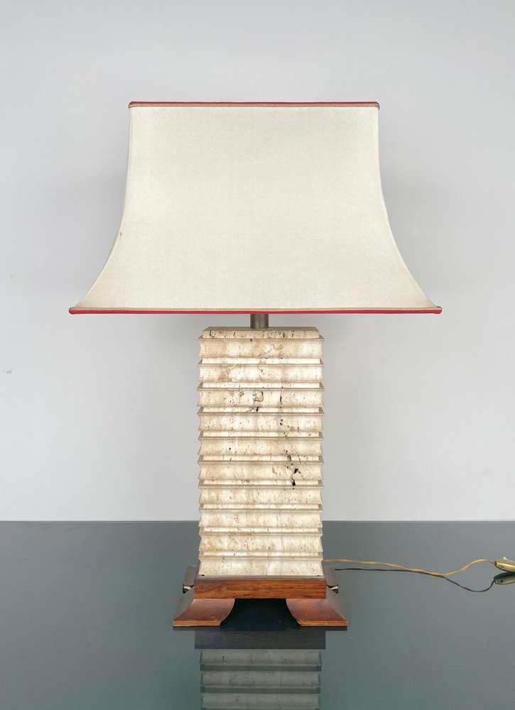 Italian Pagoda Table Lamp in Travertine, Wood and Brass, 1970s-LYQ-1343309