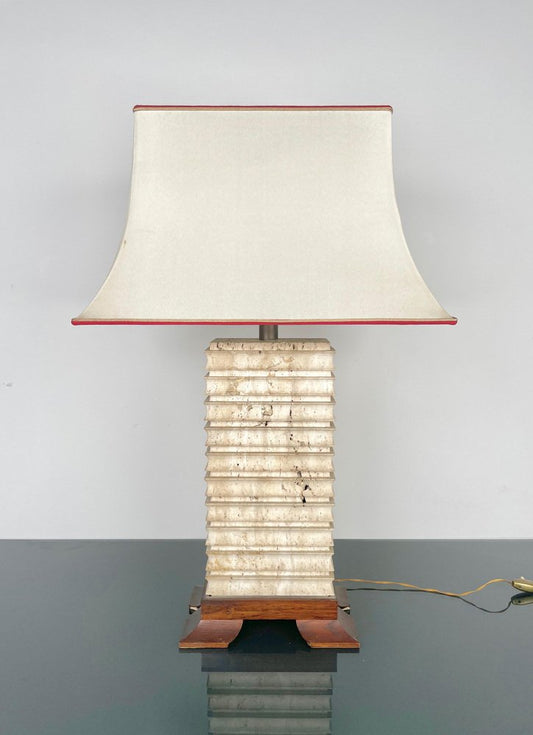 Italian Pagoda Table Lamp in Travertine, Wood and Brass, 1970s