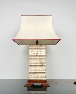 Italian Pagoda Table Lamp in Travertine, Wood and Brass, 1970s-LYQ-1343309