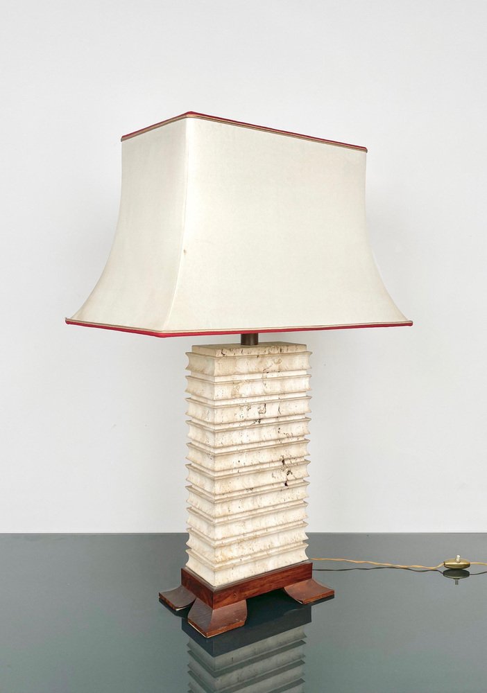 Italian Pagoda Table Lamp in Travertine, Wood and Brass, 1970s