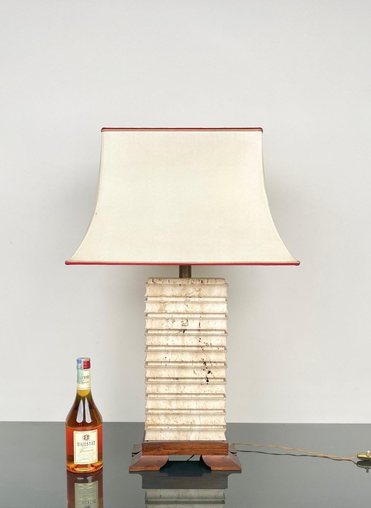 Italian Pagoda Table Lamp in Travertine, Wood and Brass, 1970s