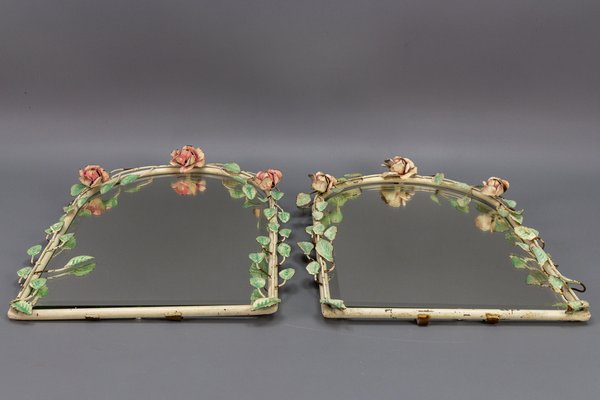 Italian Painted Tole Flower Wall Mirrors, 1950s, Set of 2-KEG-1717715