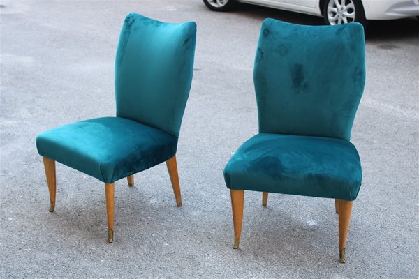 Italian Petrol Green Velvet Lounge Chairs, 1950s, Set of 2-EH-691780